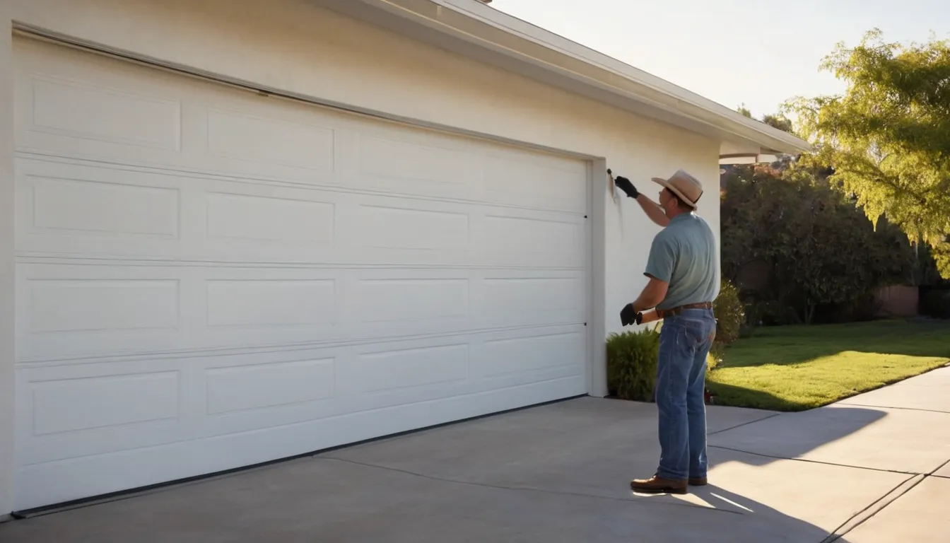 A local provider finishing a new garage door installation on a stucco ranch home in Perris