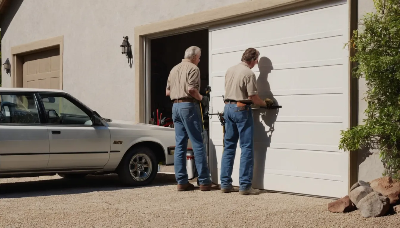 A local provider checking a torsion spring above a garage door in a Perris home